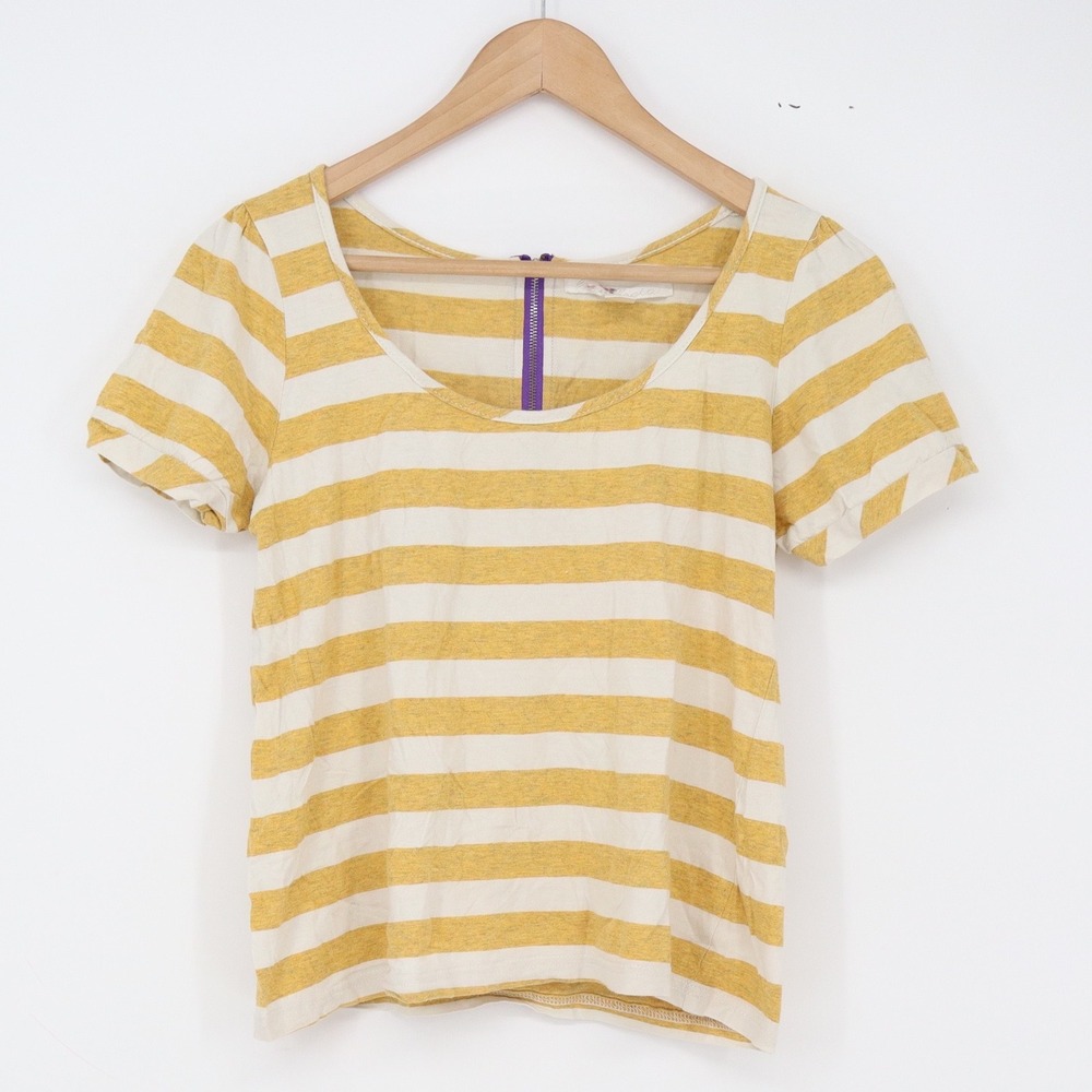 Camiseta T-Shirt Womens L Striped Yellow White Purple Back Zipper Casual Exc
